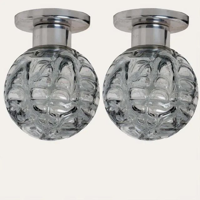 1 of the 4 doria leuchten flush mounts, made from glass and chrome. Manufactured in the 1960s-1970s. High-end thick murano...