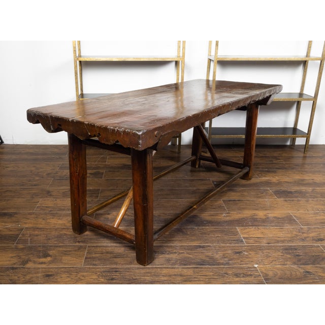Brown American 1900s Rustic Pine Log Table with Straight Legs and Side Stretchers For Sale - Image 8 of 11