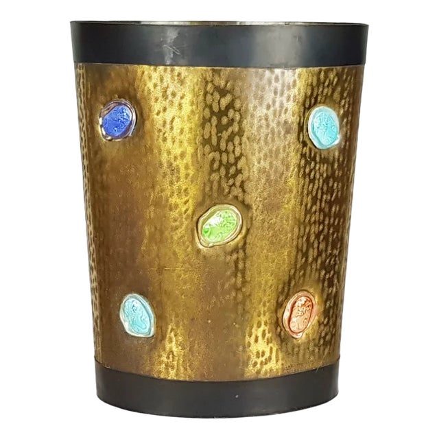 Mid-Century Italian Black Metal Engraved Brass and Ceramic Umbrella Stand, 1950s For Sale