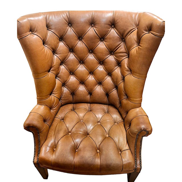 Pair of High-Back, Barrel-Shape Tufted Leather Armchairs With Brass Nailhead Trim For Sale - Image 4 of 9