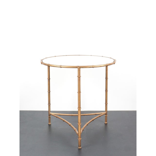 Vintage French Pedestal Table in Gilded Metal with Imitation Bamboo Finish and Glass Top For Sale - Image 4 of 9