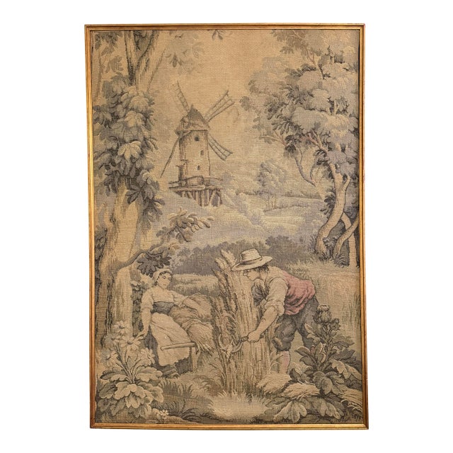 Vintage French Pastoral Jacquard Tapestry in Giltwood Frame For Sale