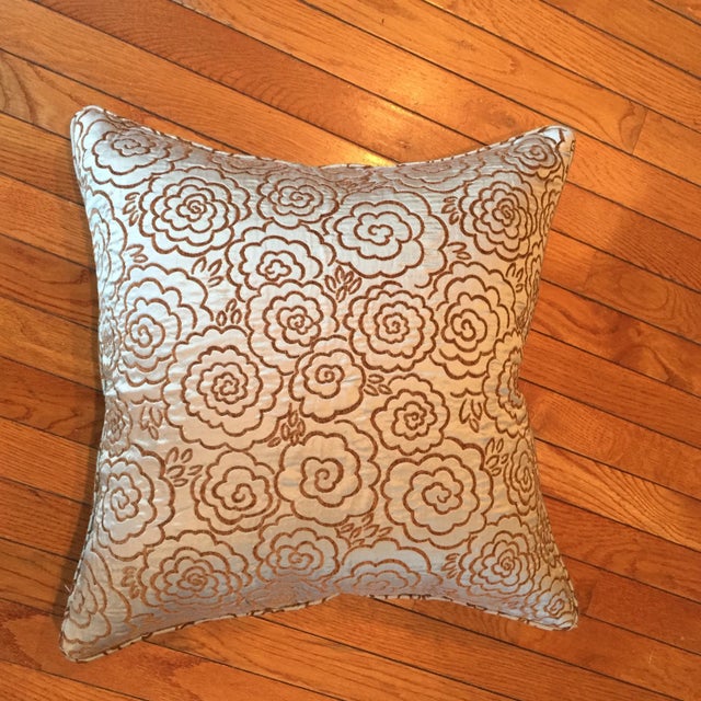 Just beautiful pillows!! Blue silk with flower designs. Well made with self welt and zipper. Hyper allergenic insert...