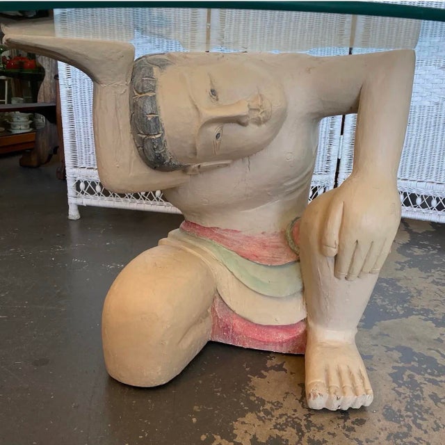 Vintage Balinese Kneeling Figure Sculptural Coffee Table With Round Glass Top | Hollywood Regency Exotic Figural Art Table For Sale In San Francisco - Image 6 of 8