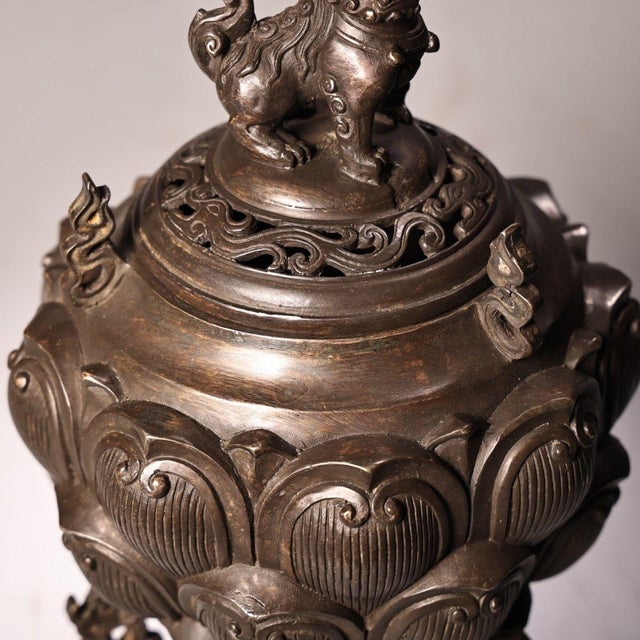 Bronze Lotus Incense Burner – High Relief Censer With Lion Finial For Sale - Image 9 of 9