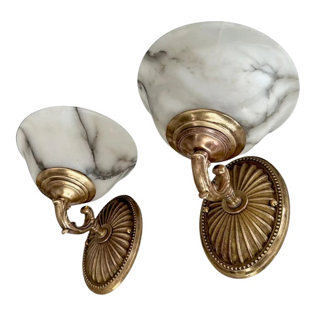 Pair Brass Alabaster Sunburst Wall Sconces For Sale