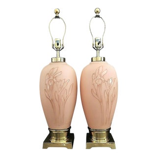 Signed Vianne Glass Frosted Peach Glass and Brass Floral Relief Table Lamps - a Pair For Sale