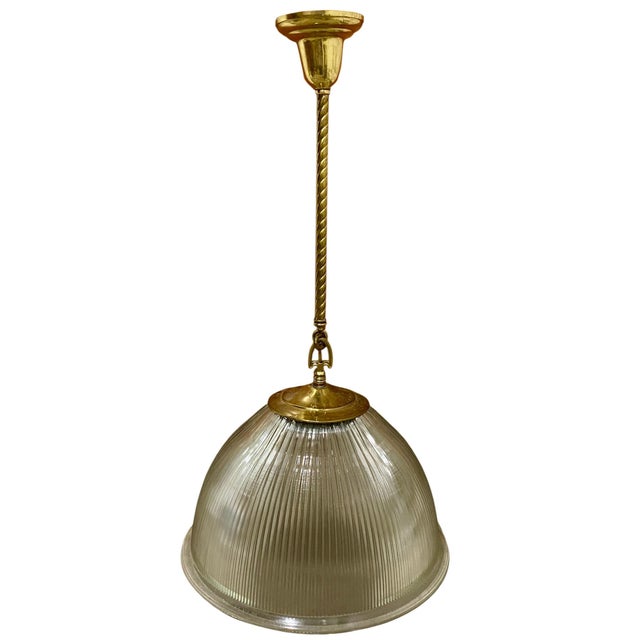 Industrial Vintage Holophane Large Polished Brass Dome Pendant Light Fixture 41” For Sale - Image 3 of 8