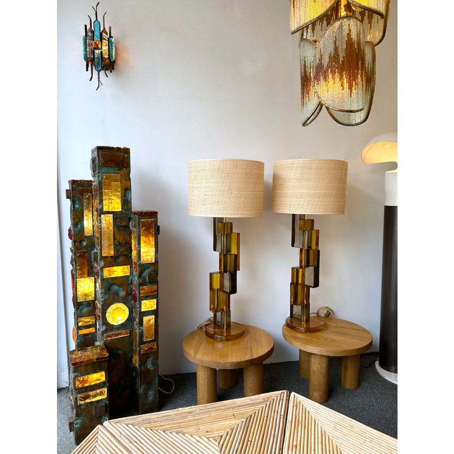 Contemporary Pair of Lamps Amber Smoke Cubic Murano Glass and Brass, Italy  | Chairish, image size:900x900