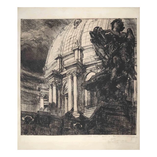 Cesare Fratino, Detail of the Vatican, Etching, Mid-20th-Century For Sale