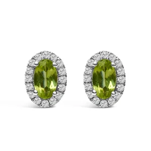 10K White Gold 5x3 MM Oval Green Peridot and Diamond Halo Stud Earrings (I-J Color, I1-I2 Clarity)