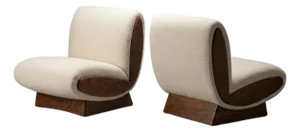 Onda Lounge Chairs by Object Refinery in Ivory Italian Bouclé & Walnut, Pair