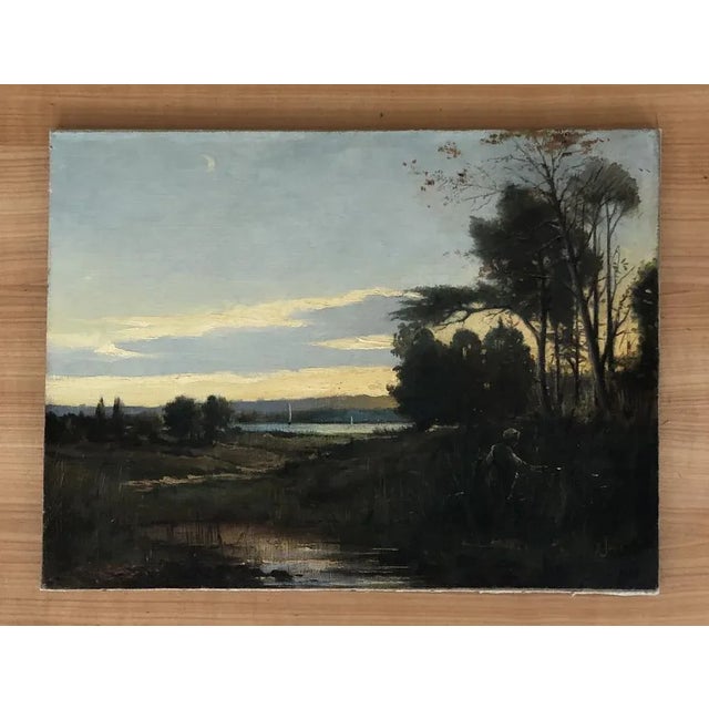 N. Junod, Voiliers sur le lac dans un paysage animé, 1898, Oil on Canvas, in Flawless conditions. Designed 1890 to 1919...