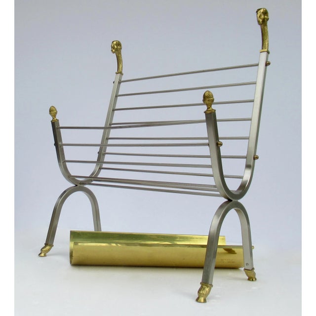 Vintage C.1970's Italian Maison Jansen Polished Brass and Satin Nickel Ram Head & Hoofed Magazine Rack/Holder For Sale - Image 12 of 13