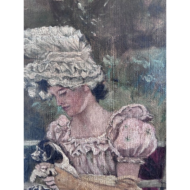 Antique Original Oil Painting of Woman With Dogs in a Garden For Sale - Image 12 of 16