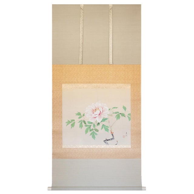 "Peony" by Unryū, Showa Era Large Japanese Painted Silk Scroll Painting For Sale - Image 15 of 15