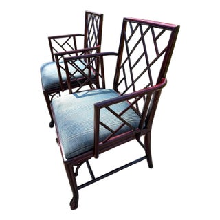 Air of Baker Chinoiserie Lacquered Lounge Chairs With Geometric Lattice Backs & Upholstered Seats For Sale