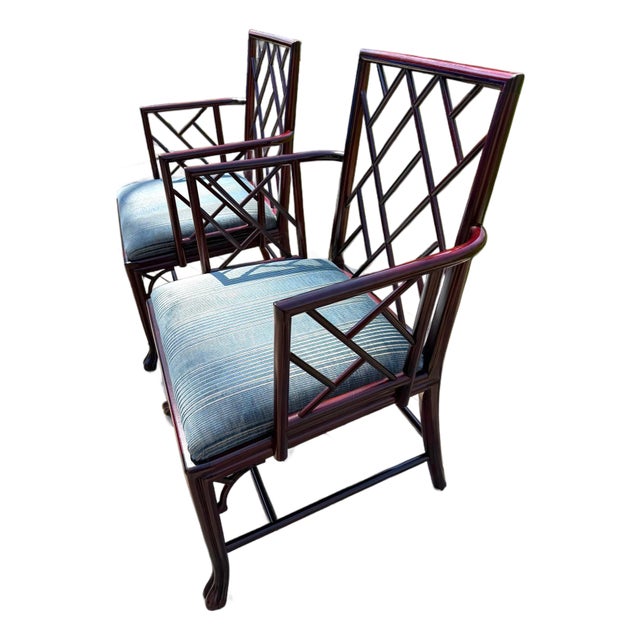 Air of Baker Chinoiserie Lacquered Lounge Chairs With Geometric Lattice Backs & Upholstered Seats For Sale