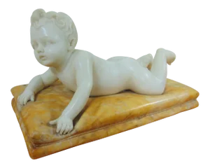19th C Italian Carved Marble Child on Cushion Signed Massin