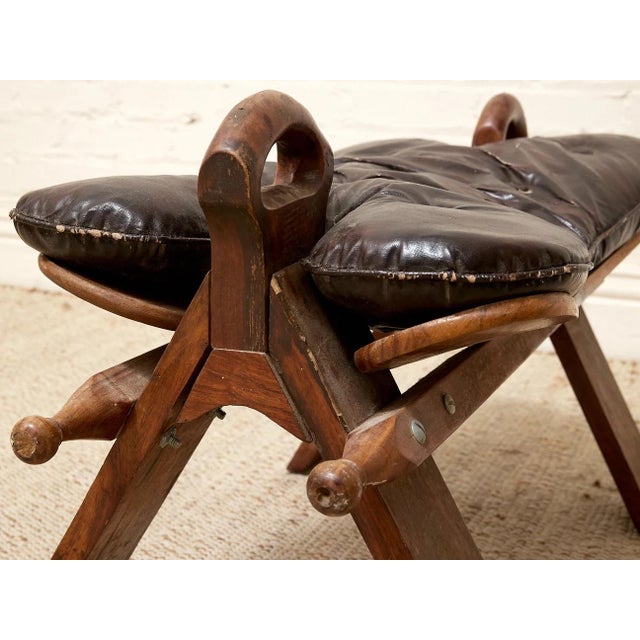 Vintage Leather Saddle Stool With Tufted Seat and Sculptural Wood Frame as Found For Sale - Image 12 of 12