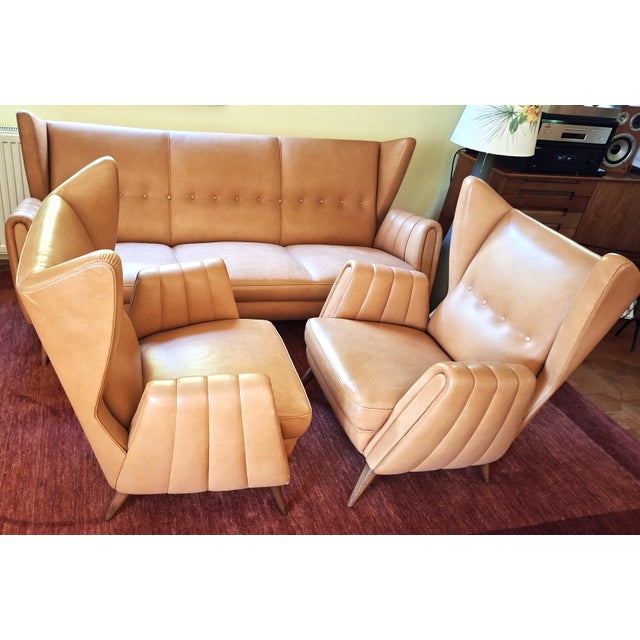 Wood Wingback Living Room Set in Leather, 1950s, Set of 3 For Sale - Image 7 of 14