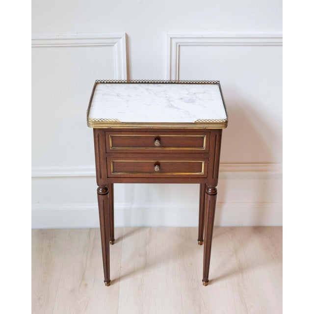 Louis XVI Style Mahogany Side Table with Marble Top and Brass Gallery, 20th Cent For Sale - Image 10 of 10