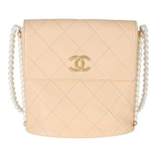 Beige Quilted Calfskin Small Pearl Chain Hobo For Sale