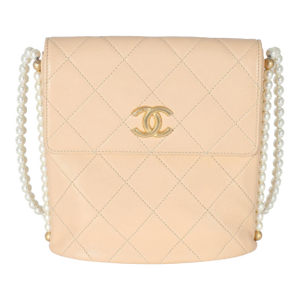 Beige Quilted Calfskin Small Pearl Chain Hobo