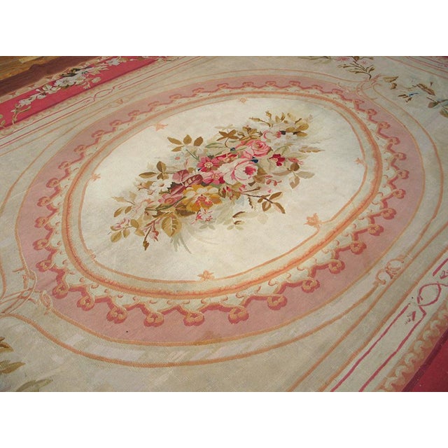 1880s Ivory Floral Medallion Antique French Aubusson Rug 9'3" X 13' Flatweave Wool Carpet For Sale - Image 4 of 8