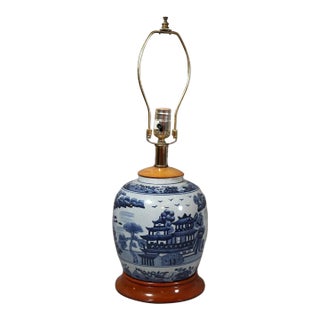 Vintage Chinese Blue & White Crackle Glaze Porcelain Ginger Jar Table Lamp, 1970s For Sale