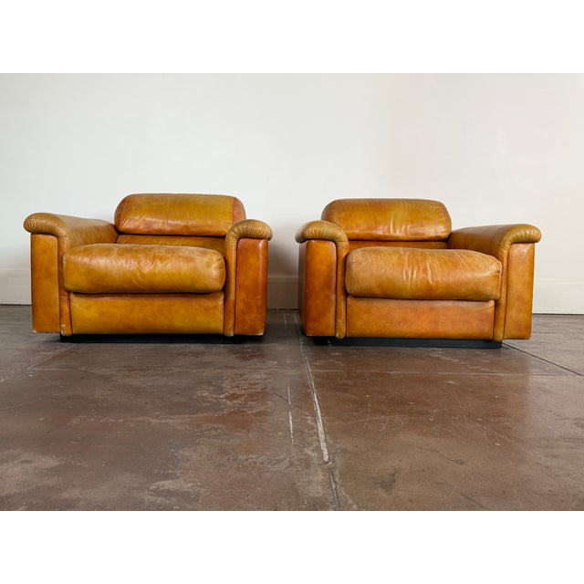 Animal Skin Vintage 1970's Italian Cognac Leather Lounge Chairs For Sale - Image 7 of 16