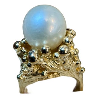 9.5 MM Round Akoya Pearl Ring in 14 Karat Yellow Gold , Size 5.75 For Sale