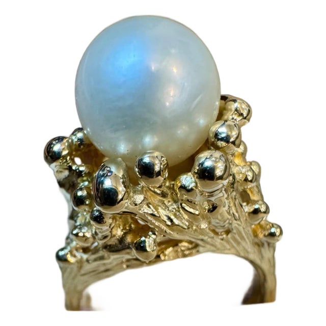 9.5 MM Round Akoya Pearl Ring in 14 Karat Yellow Gold , Size 5.75 For Sale