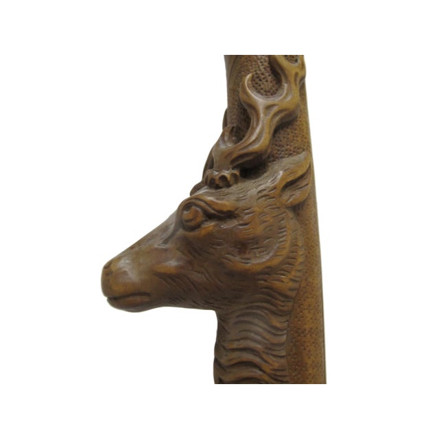 Wood Deer Stag Head Carved Wood Handle Vintage Walking Stick Cane For Sale - Image 7 of 12