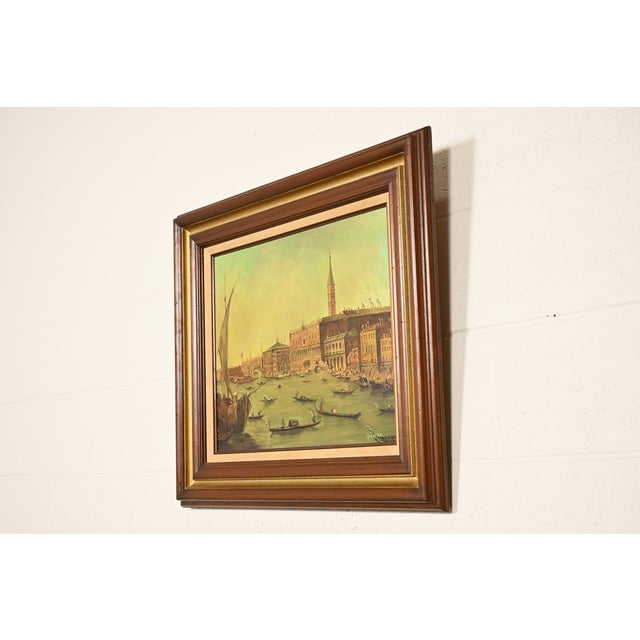 Rustic European Original Artist Signed "Venetian Harbor" Framed Oil Painting on Canvas For Sale - Image 3 of 14