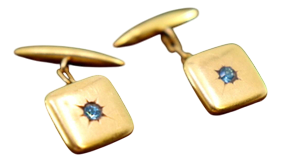 Gold Cufflinks in Square and Concave Shapes with Blue Zirconia, Set of 2