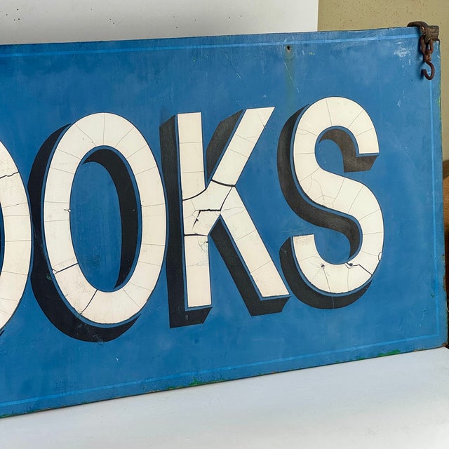 Blue Superb Large Double Sided Vintage Wooden Sign Advertising "Books" in Sapphire Blue For Sale - Image 8 of 10