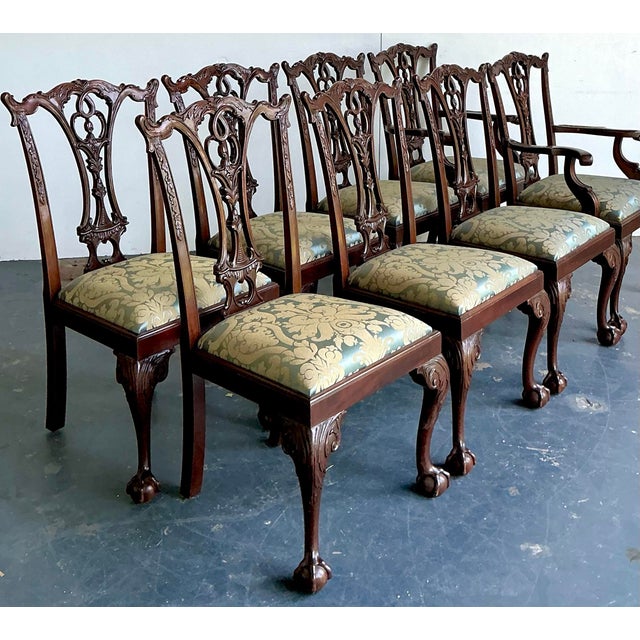 Wood Vintage Ball and Claw Chippendale Dining Chairs in Fortuny Jaquard - Set of 8 For Sale - Image 7 of 12