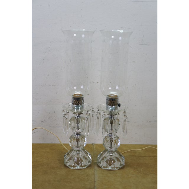 2 Mid Century Etched Glass Crystal Hurricane Candlestick Boudoir Lamps 20" For Sale - Image 4 of 18