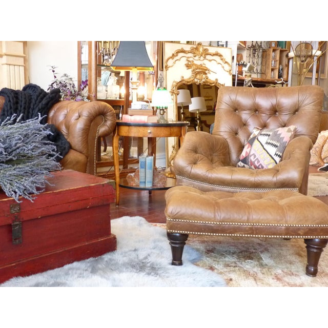 Cognac Leather Sleepy Hollow Chair and Ottoman | Chairish Pair of green leather club chairs and ottomans, scully & scullythe chairs raised on casters on the front, the ottomans on.