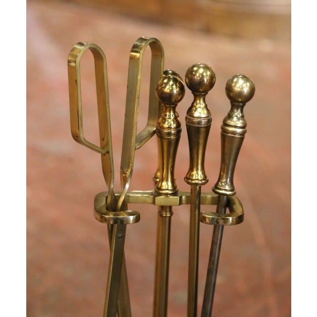 French Mid-Century French Brass and Iron Five-Piece Fireplace Tool Set For Sale - Image 3 of 9
