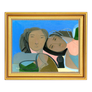 Sisters Mid Century Modern Abstract Vintage Swedish Inspired Portrait Oil Painting
