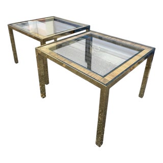 Mid Century Modern Square Brass and Rattan Side Table - A Pair For Sale