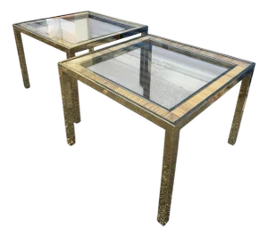 Mid Century Modern Square Brass and Rattan Side Table - A Pair