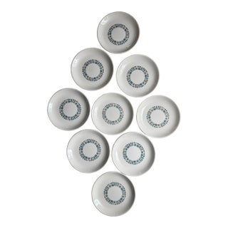 Vintage Canonsburg Pottery “Temporama” Salad Plates – Set of 9 (7.25”) – Mid Century Modern Blue & Brown Atomic Pattern – Made in Usa For Sale