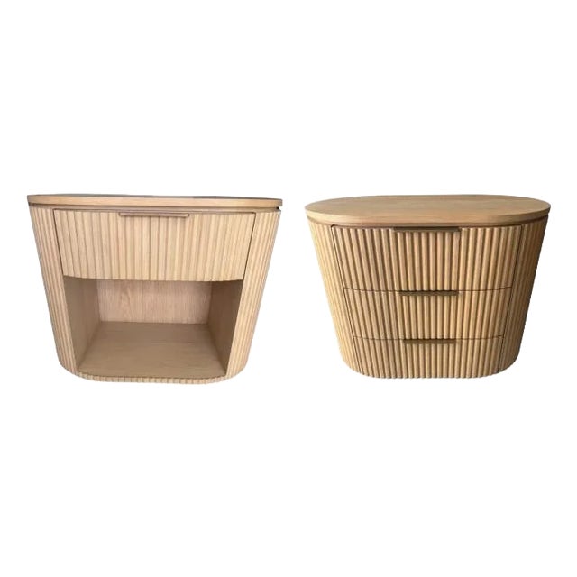 Set of 2 Restoration Hardware (Rh) Byron Nightstand Set – Light Oak / Brass | Closed + Open Silhouettes For Sale