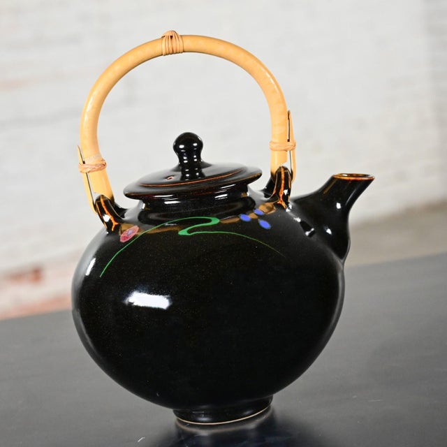Contemporary Late 20th Century Contemporary Asian Dark Brown Glazed Ceramic Teapot With Wrapped Rattan Handle For Sale - Image 3 of 12