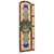 A fantastic, large stained-glass window in a classic style, featuring a central medallion or image depicting a 17th-...