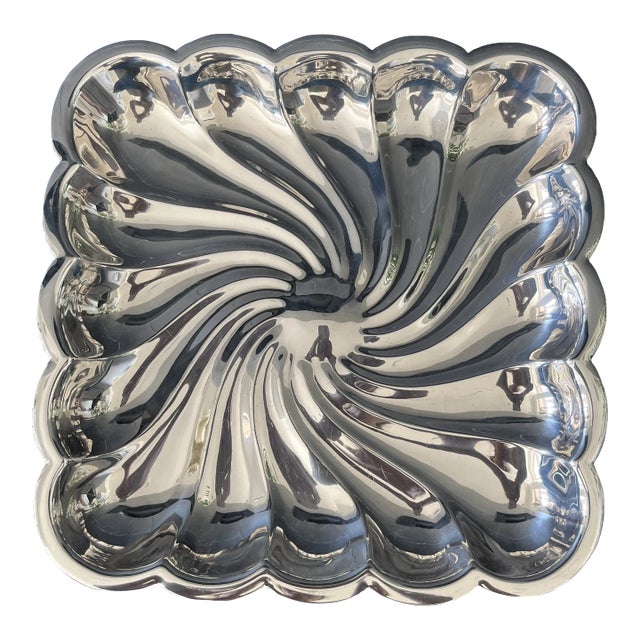 Early 20th Century Silver Scalloped Square Serving Dish With Shell Feet For Sale
