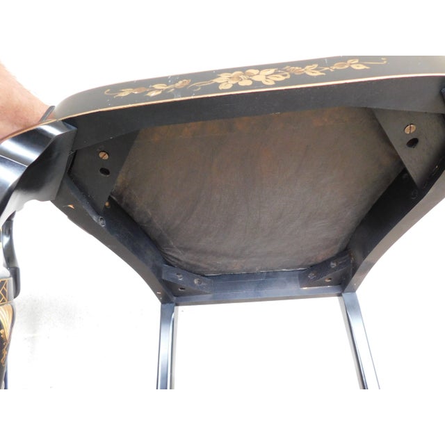 Vintage Georgian Style Chinoiserie Decorated Black Lacquer Arm Chairs - A Pair For Sale - Image 18 of 18